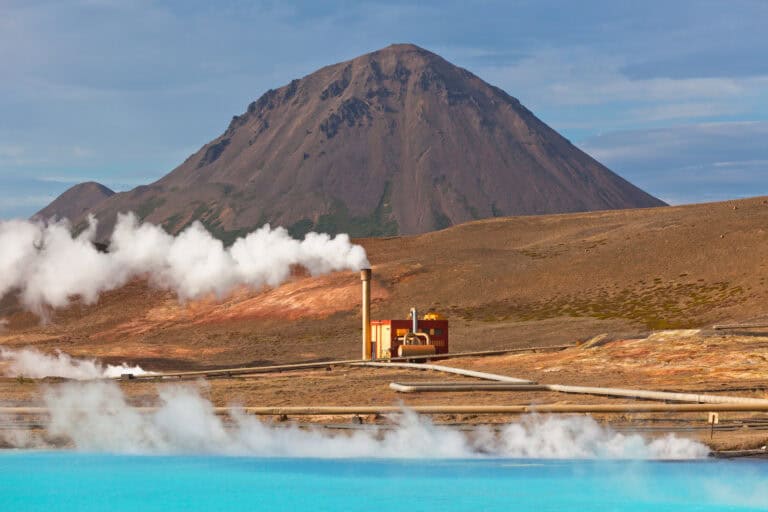 Geothermal Power Station and Bright Turquoise Lake in Iceland